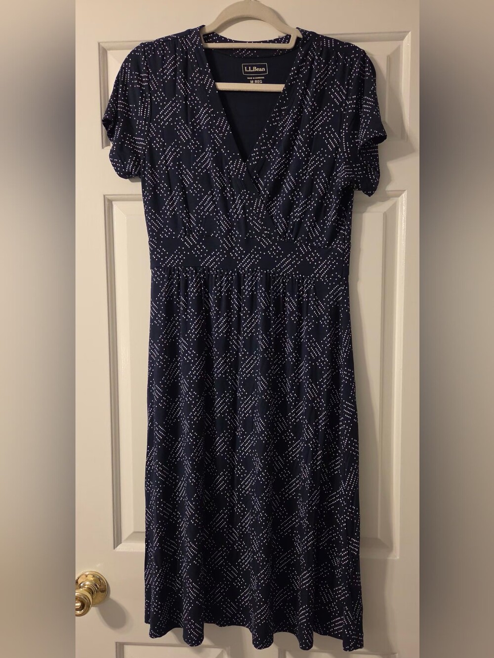 L.L. Bean Navy Dot Faux-Wrap Dress Medium
